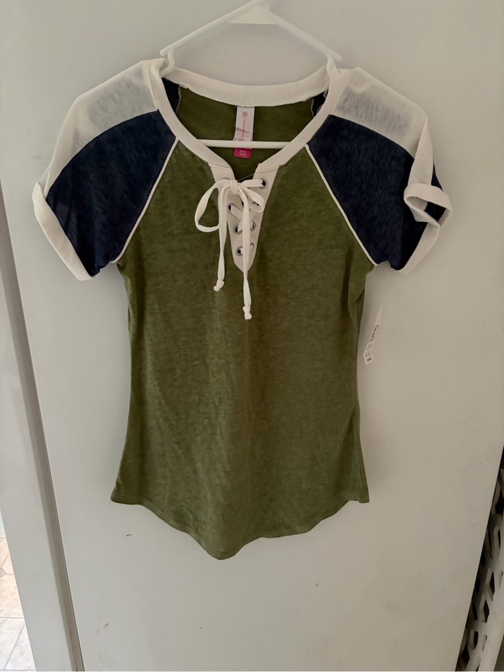 No Boundaries Olive Green Lace-Up Raglan Tee with Navy & White Accents